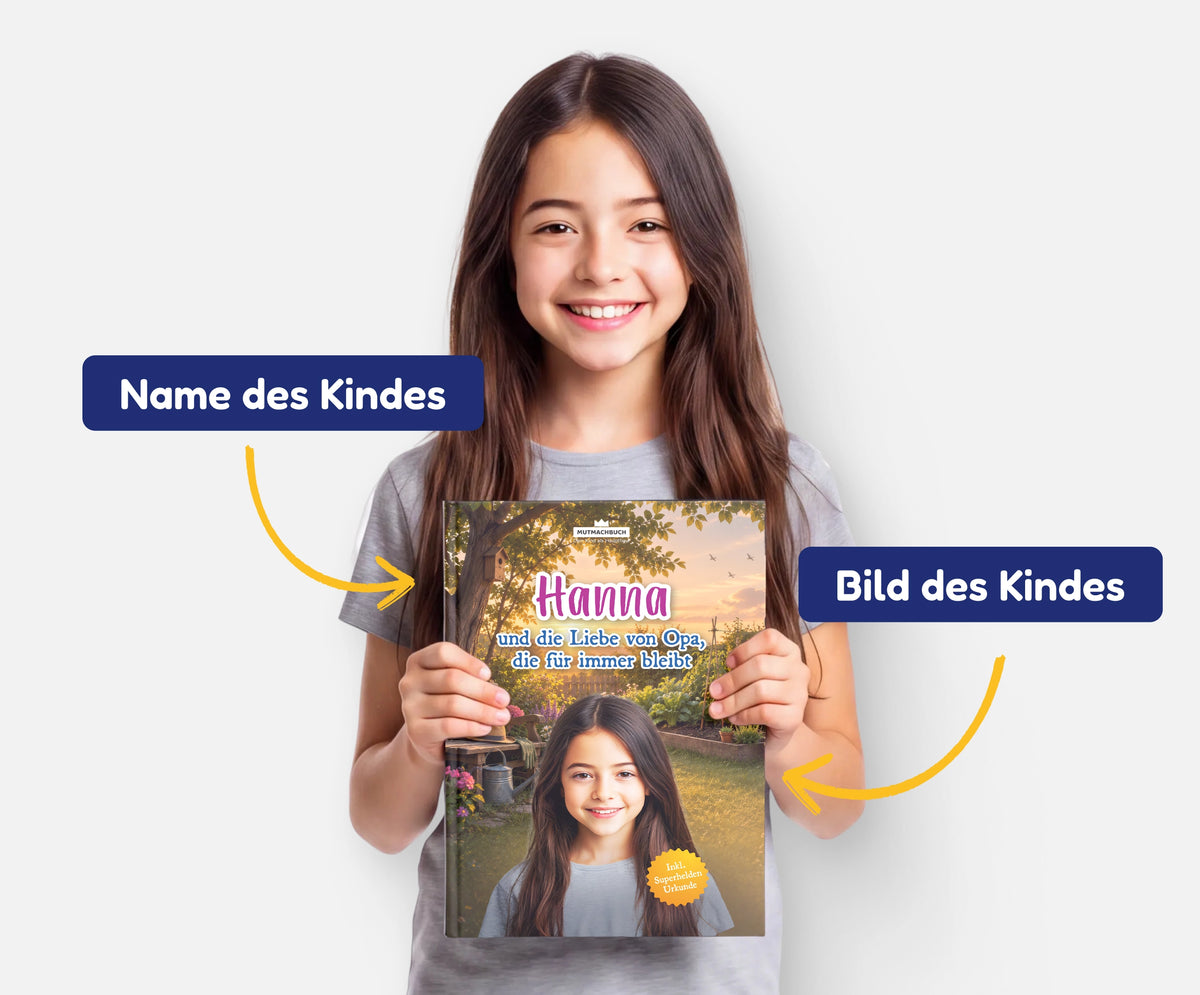 Personalisiertes Mutmachbuch für Mädchen beim Abschied von Opa – Name und Foto des Kindes auf dem Cover
