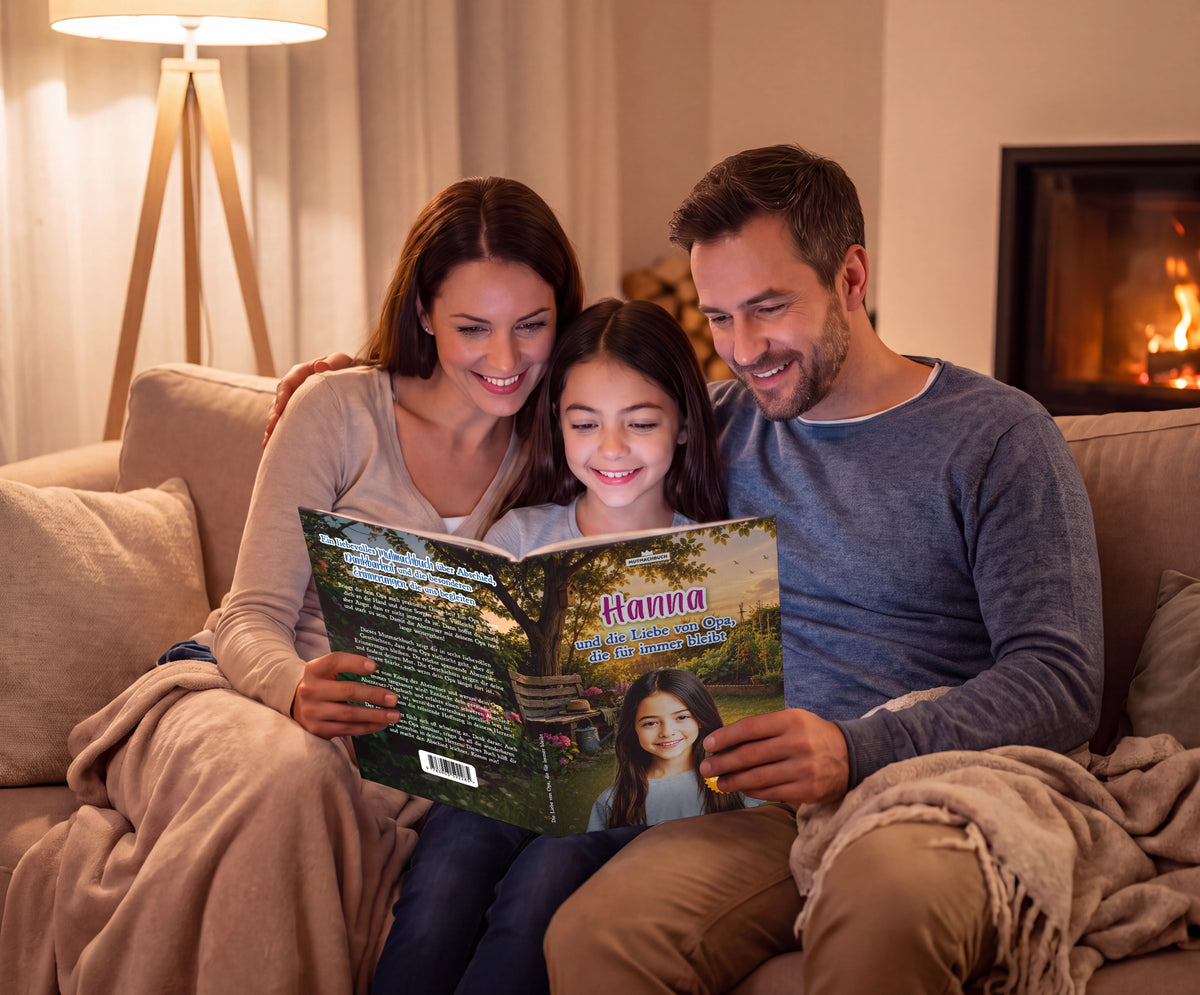 Personalisiertes Mutmachbuch für Mädchen beim Abschied von Opa – Familie liest das Buch gemeinsam