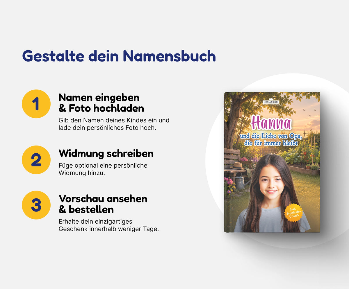 Personalisiertes Mutmachbuch für Mädchen beim Abschied von Opa – In 3 Schritten zum eigenen Namensbuch